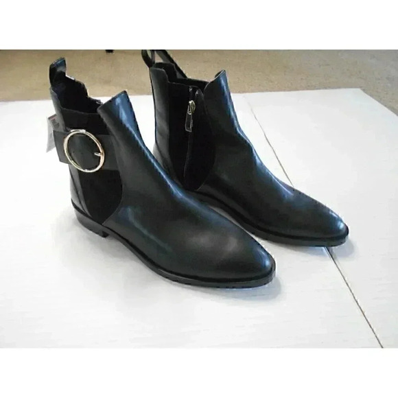 NWT Zara Black Block Heel Womens Ankle Boots Size 9 Faux Buckle Zip Side - Picture 1 of 8